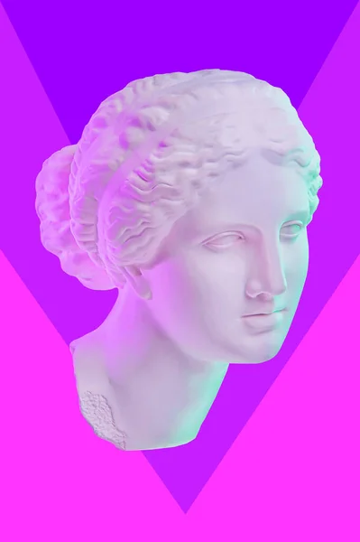 Socha Venuše de Milo. Tvůrčí koncept barevný neonový obraz se starověkou řeckou sochou Venuše nebo Afrodita hlava. Webpunk, vaporwave a surrealistické umění styl. Růžové a modré duotone efekty. — Stock fotografie