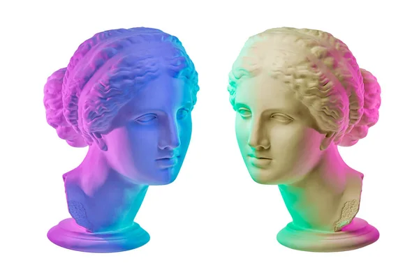 Statua di Venere di Milo. Concetto creativo colorato immagine al neon con antica scultura greca Venere o Afrodite testa. Webpunk, vaporwave e stile artistico surreale. Isolato su un bianco . — Foto Stock