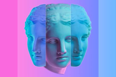 Venus de Milo heykeli. Antik Yunan heykeli Venüs veya Afrodit kafası olan yaratıcı renkli neon imge. Webpunk, buhar dalgası ve gerçeküstü sanat tarzı. Pembe ve mavi duoton efektleri.