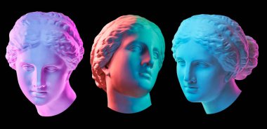 Venus de Milo heykeli. Antik Yunan heykeli Venüs veya Afrodit kafası olan yaratıcı renkli neon imge. Webpunk, buhar dalgası ve gerçeküstü sanat tarzı. Bir siyahta izole edilmiş..
