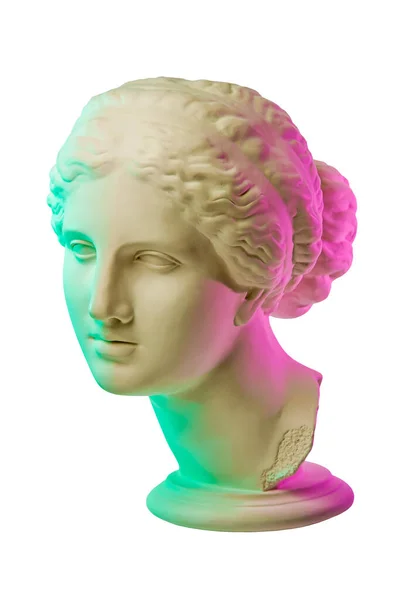 Standbeeld van Venus de Milo. Creatief concept kleurrijk neon beeld met oude Griekse sculptuur Venus of Aphrodite hoofd. Webpunk, vaporwave en surrealistische kunststijl. Roze en groene duotone effecten. — Stockfoto
