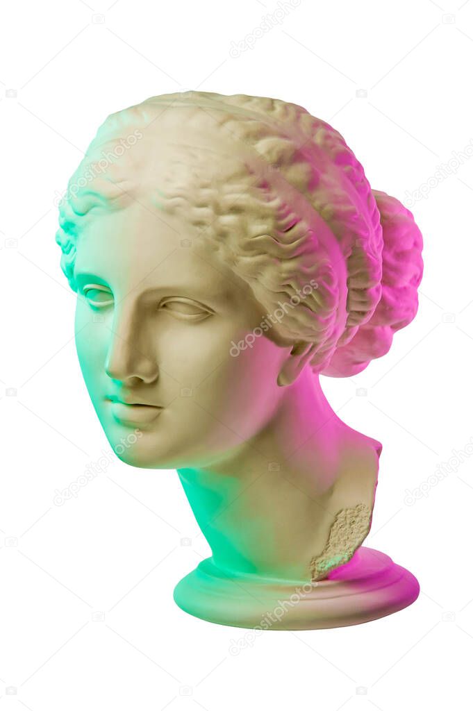 Statue of Venus de Milo. Creative concept colorful neon image with ancient greek sculpture Venus or Aphrodite head. Webpunk, vaporwave and surreal art style. Pink and green duotone effects.