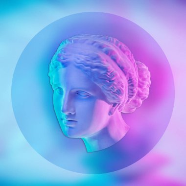 Venus de Milo heykeli. Antik Yunan heykeli Venüs veya Afrodit kafası olan yaratıcı renkli neon imge. Webpunk, buhar dalgası ve gerçeküstü sanat tarzı. Pembe ve mavi duoton efektleri.
