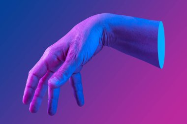 Bir pop sanat kolajı tarzında neon renkli verin. Posterler, afişler, duvar kağıtları için insan avuç içiyle modern psikedelik yaratıcı öğeler. Uzayı metin için kopyala. Dergi tarzı şablon. Zine kültürü.