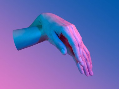 Bir pop sanat kolajı tarzında iki el neon renkli. Posterler, afişler, duvar kağıtları için insan avuç içiyle modern psikedelik yaratıcı öğeler. Uzayı metin için kopyala. Dergi tarzı. Zine kültürü.