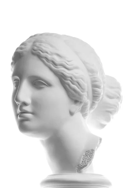Copia de yeso de la antigua estatua Venus cabeza aislada sobre fondo blanco. Escultura de yeso cara de mujer. — Foto de Stock