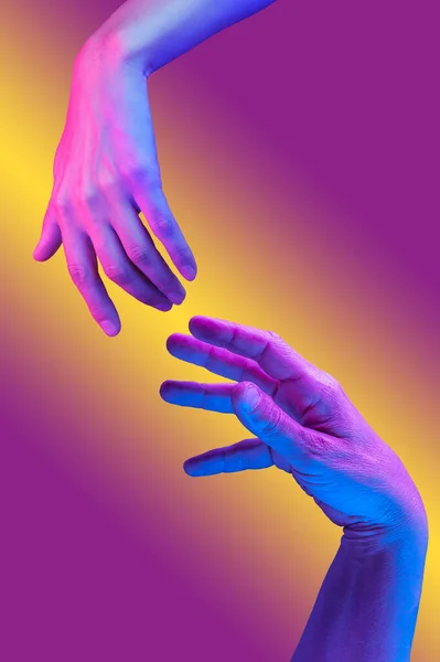 Two hand in a pop art collage style in neon bold colors. Modern psychedelic creative element with human palm for posters, banners, wallpaper. Copy space for text. Magazine style. Zine culture. — Stock Photo, Image