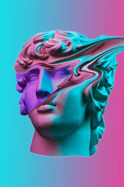 Popüler sanat tarzında genç bir adamın alçı heykeli. Antinous kafası heykeli. Antik Roma heykeli Antinous kafa ile yaratıcı renkli neon görüntü. Cyberpunk, webpunk ve sürreal stili.