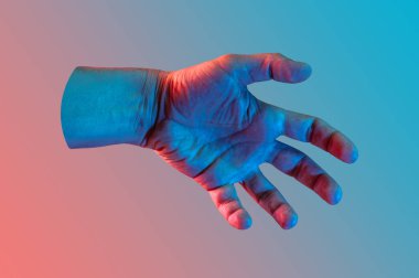 Bir pop sanat kolajı tarzında neon renkli verin. Posterler, afişler, duvar kağıtları için insan avuç içiyle modern psikedelik yaratıcı öğeler. Uzayı metin için kopyala. Dergi tarzı şablon. Zine kültürü.