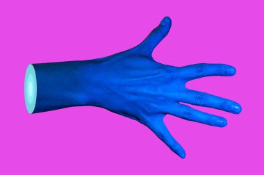 Bir pop sanat kolajı tarzında neon renkli verin. Posterler, afişler, duvar kağıtları için insan avuç içiyle modern psikedelik yaratıcı öğeler. Uzayı metin için kopyala. Dergi tarzı şablon. Zine kültürü.