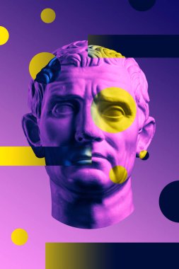 Guy Julius Caesar Octavian Augustus 'un heykeli. Antik Roma heykeli Guy Julius Caesar Octavian Augustus 'un kafasıyla yaratıcı renkli neon görüntü. Siber punk, buhar dalgası ve gerçeküstü sanat tarzı..