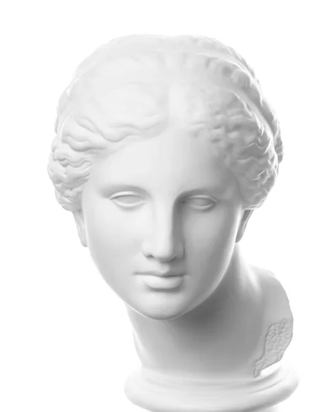 Gypsum αντίγραφο του αρχαίου αγάλματος Αφροδίτη κεφάλι απομονώνονται σε λευκό φόντο. Γυψοσανίδα γυναίκα γλυπτική πρόσωπο. — Φωτογραφία Αρχείου