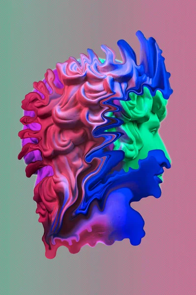 Collage avec plâtre sculpture antique du visage humain dans un style pop art. Concept créatif image au néon coloré avec tête de statue ancienne. Affiche de style cyberpunk, webpunk et surréaliste . — Photo