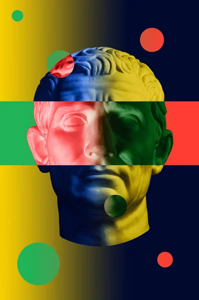 Statua di Guy Julius Cesare Ottaviano Augusto. Concetto creativo colorato immagine al neon con antica scultura romana Guy Giulio Cesare Ottaviano Augusto testa. Cyberpunk, vaporwave e surreale stile artistico . — Foto Stock