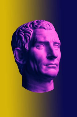Guy Julius Caesar Octavian Augustus 'un heykeli. Antik Roma heykeli Guy Julius Caesar Octavian Augustus 'un kafasıyla yaratıcı renkli neon görüntü. Siber punk, buhar dalgası ve gerçeküstü sanat tarzı..