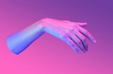 Bir pop sanat kolajı tarzında neon renkli verin. Posterler, afişler, duvar kağıtları için insan avuç içiyle modern psikedelik yaratıcı öğeler. Uzayı metin için kopyala. Dergi tarzı şablon. Zine kültürü.