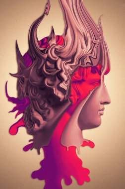 Plaster sculpture of young man face in a pop art style. Statue of Antinous head. Creative concept colorful neon image with ancient roman sculpture Antinous head. Cyberpunk, webpunk and surreal style. clipart