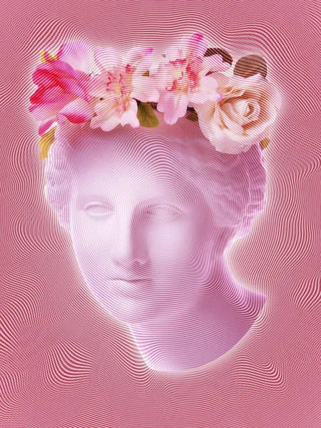 Beautiful young female pink face and colorful flowers on textured background . Plaster antique bust of Venus in a floral wreath. Beauty spring and summer model girl with fresh bouquet.