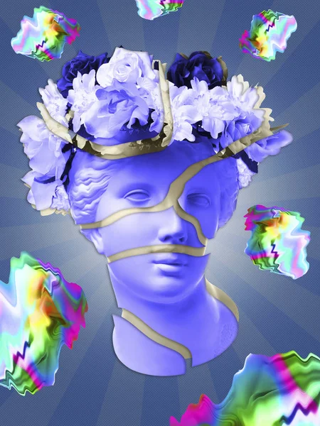 Hermosa cara azul femenina joven y flores de colores sobre fondo texturizado. Busto antiguo de yeso de Venus en una corona floral. Belleza primavera y verano modelo chica con ramo fresco . —  Fotos de Stock