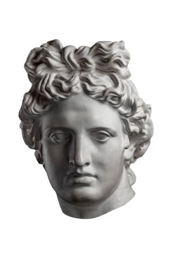 Beyaz alçıtaşı Apollo 'nun eski Güneş Tanrısı heykelinin beyaz arka plandaki sanatçılara yönelik kopyası. Erkek yüzünün alçı heykeli. Rönesans dönemi. Portre.