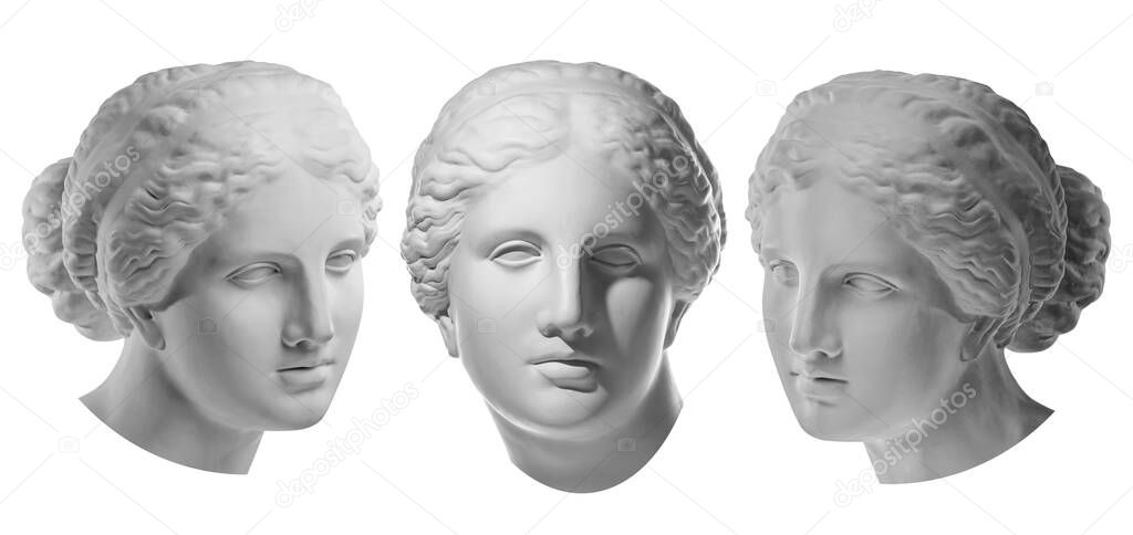 Three gypsum copy of ancient statue Venus head isolated on white background. Plaster sculpture woman face.
