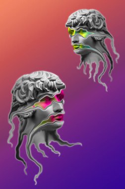 Popüler sanat tarzında insan yüzünün alçıdan yapılmış antik heykelinin kolajı. Antik heykel kafalı yaratıcı renkli neon görüntü. Cyberpunk, webpunk ve sürreal tarzı poster.