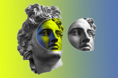 Popüler sanat tarzında insan yüzünün alçıdan yapılmış antik heykelinin kolajı. Antik heykel kafalı yaratıcı renkli neon görüntü. Cyberpunk, webpunk ve sürreal tarzı poster.