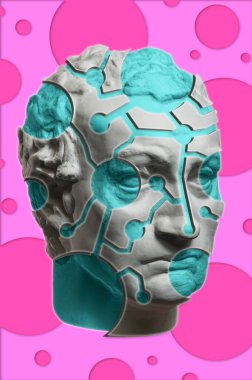 Popüler sanat tarzında insan yüzünün alçıdan yapılmış antik heykelinin kolajı. Antik heykel kafalı yaratıcı renkli neon görüntü. Zine kültürü. Cyberpunk, webpunk ve sürreal tarzı poster.