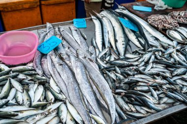 Tayland, Phuket 'te bir sokak pazarında taze balık satıyorum. Adaman Denizi 'nden deniz ürünleri. Arka planda fiyat etiketleri var..