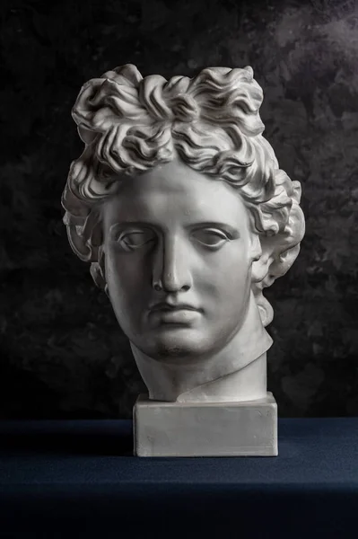 Fehér gipsz másolata az Apollo God of Sun ősi szobrának,... a művészek feje egy sötét textúrájú háttérrel. Reneszánsz kor. Emberarcú gipsz szobor. — Stock Fotó