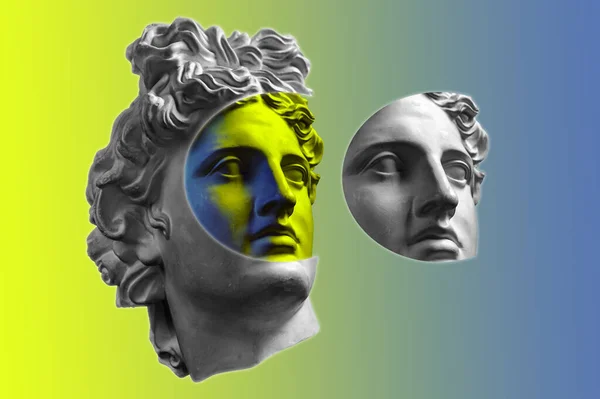 Collage avec plâtre sculpture antique du visage humain dans un style pop art. Concept créatif image au néon coloré avec tête de statue ancienne. Affiche de style cyberpunk, webpunk et surréaliste . — Photo