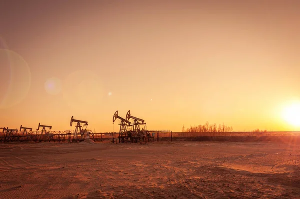 Petrol pompası. Petrol ve gaz üretimi. Petrol sahası. Pompa Jack çalışıyor. Fosil yakıt üretimi ve ham petrol üretimi için sondaj rayları. Petrol fiyatlarıyla savaş. Küresel Coronavirüs COVID 19 krizi. — Stok fotoğraf