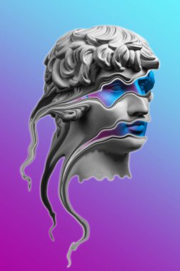 Popüler sanat tarzında insan yüzünün alçıdan yapılmış antik heykelinin kolajı. Antik heykel kafalı yaratıcı renkli neon görüntü. Cyberpunk, webpunk ve sürreal tarzı poster.
