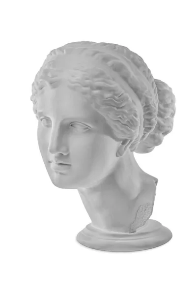 Gypsum αντίγραφο του αρχαίου αγάλματος Αφροδίτη κεφάλι απομονώνονται σε λευκό φόντο. Γυψοσανίδα γυναίκα γλυπτική πρόσωπο. — Φωτογραφία Αρχείου
