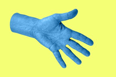 Bir pop sanat kolajı tarzında neon renkli verin. Posterler, afişler, duvar kağıtları için insan avuç içiyle modern psikedelik yaratıcı öğeler. Uzayı metin için kopyala. Dergi tarzı şablon. Zine kültürü.