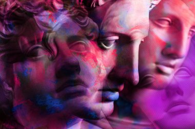 Popüler sanat tarzında insan yüzünün alçıdan yapılmış antik heykelinin kolajı. Antik heykel kafalı yaratıcı renkli neon görüntü. Cyberpunk, webpunk ve sürreal tarzı poster.
