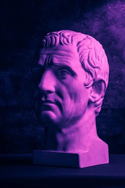 Staty av Julius Caesar Octavianus Augustus. Kreativt koncept färgstark neon bild med antik romersk skulptur Guy Julius Caesar Octavian Augustus huvud. Cyberpunk, vaporwave och surrealistisk konststil. — Stockfoto