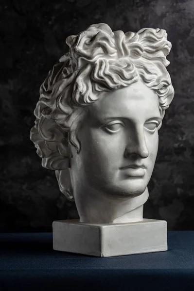Fehér gipsz másolata az Apollo God of Sun ősi szobrának,... a művészek feje egy sötét textúrájú háttérrel. Reneszánsz kor. Emberarcú gipsz szobor. — Stock Fotó