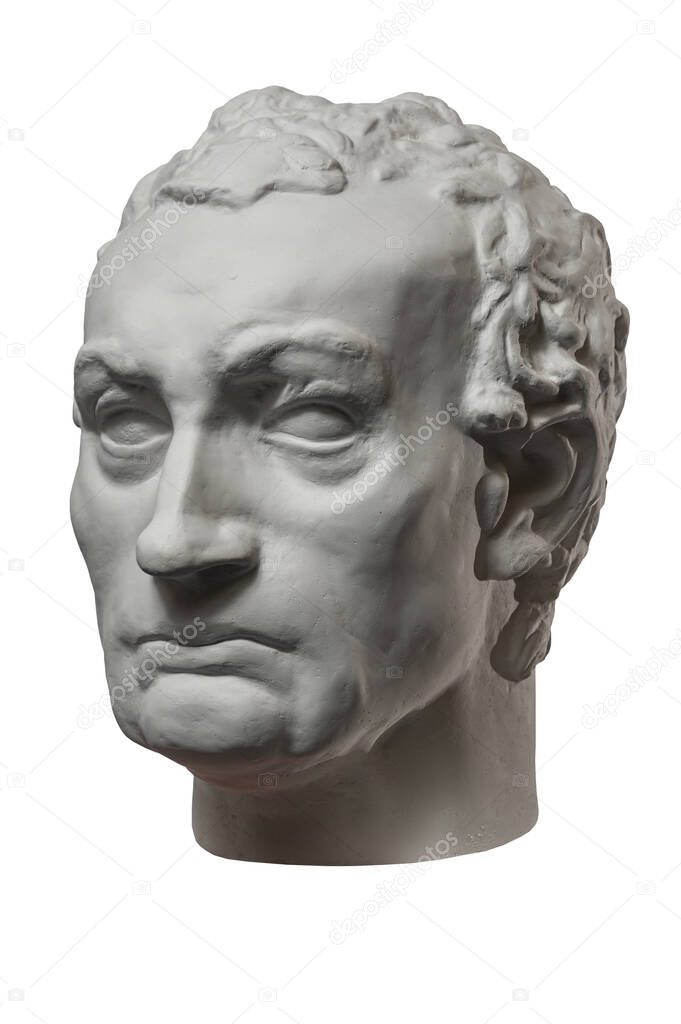 White gypsum copy of ancient statue of Gattamelata, Erasmo of Narni head sculptor Donatello for artists isolated on a white background. Renaissance epoch. Plaster sculpture of man face.