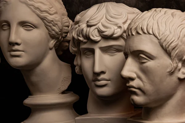 暗い背景に芸術家のための古代の彫像の人間の頭のグループ石膏の胸像。アンティークの人々の顔の石膏彫刻。ルネサンス時代のスタイル。学問分野。創造性のためのブランク. — ストック写真