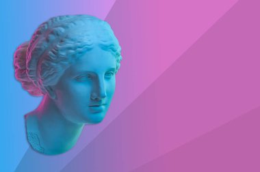 Venus de Milo heykeli. Antik Yunan heykeli Venüs veya Afrodit kafası olan yaratıcı renkli neon imge. Webpunk, buhar dalgası ve gerçeküstü sanat tarzı. Pembe ve mavi duoton efektleri.
