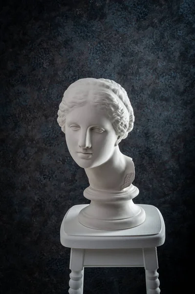 Copia de yeso de la antigua estatua blanca del busto de Venus en silla con fondo negro. Escultura de yeso cara de mujer. La diosa del amor en la mitología griega. Época renacentista . — Foto de Stock