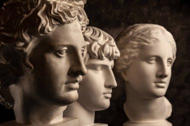 Eski heykellerin grup alçıtaşı büstleri karanlık arka plandaki sanatçılara yönelik insan kafaları. Antika insanların yüzlerinin alçı heykelleri. Rönesans dönemi tarzı. Akademik konu. Yaratıcılık için boşluk.