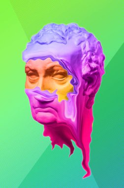 Popüler sanat tarzında insan yüzünün alçıdan yapılmış antik heykelinin kolajı. Antik heykel kafalı yaratıcı renkli neon görüntü. Zine kültürü. Cyberpunk, webpunk ve sürreal tarzı poster.