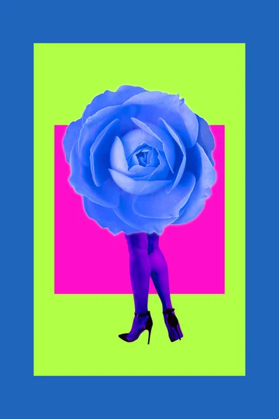 Rose brote y las mujeres hermosas piernas en medias de color ácido y zapatos de tacón alto sobre un fondo colorido. Luz de disco, arte surrealista. Divertido collage de arte moderno en estilo revista, arte pop, cultura zine . — Foto de Stock