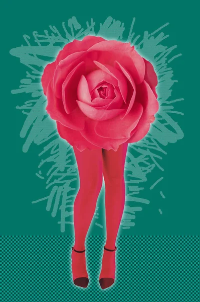 Τριαντάφυλλο μπουμπούκι και γυναίκες όμορφα πόδια σε οξύ χρώμα καλσόν και ψηλά τακούνια παπούτσια σε ένα πολύχρωμο φόντο. Φως ντίσκο, σουρεαλιστική τέχνη. Αστεία σύγχρονη τέχνη κολάζ σε στυλ περιοδικού, ποπ τέχνη, zine κουλτούρα. — Φωτογραφία Αρχείου