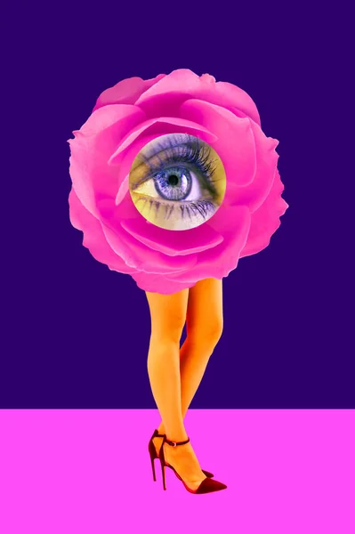 Rose brote y las mujeres hermosas piernas en medias de color ácido y zapatos de tacón alto sobre un fondo colorido. Luz de disco, arte surrealista. Divertido collage de arte moderno en estilo revista, arte pop, cultura zine . — Foto de Stock
