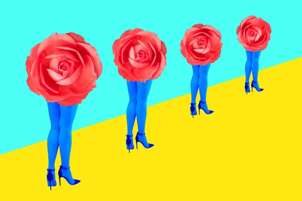 Rose brote y las mujeres hermosas piernas en medias de color ácido y zapatos de tacón alto sobre un fondo colorido. Luz de disco, arte surrealista. Divertido collage de arte moderno en estilo revista, arte pop, cultura zine . —  Fotos de Stock
