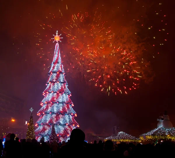 아름 다운 크리스마스 트리 및 불꽃놀이 — 스톡 사진