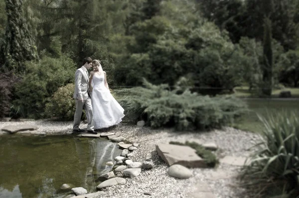 Bride and groom walking in the park — Stock Photo, Image